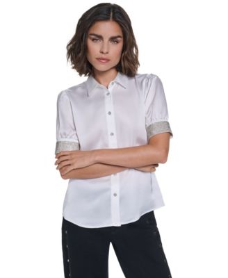 Women's Satin Rhinestone-Cuff Button-Front Top