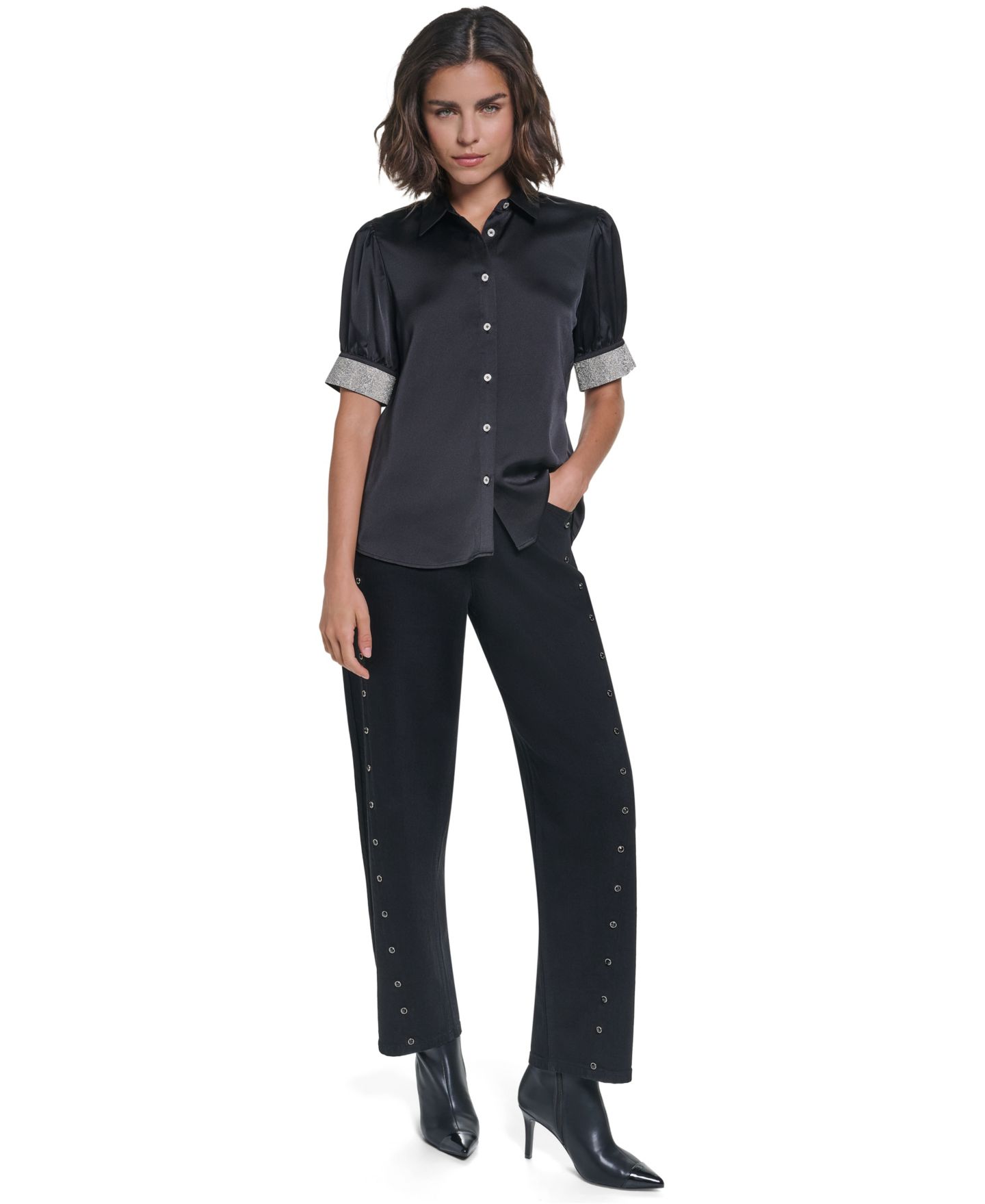 Женский топ KARL LAGERFELD PARIS Satin Rhinestone-Cuff Button-Front Top, цвет: Чёрный — фото 2