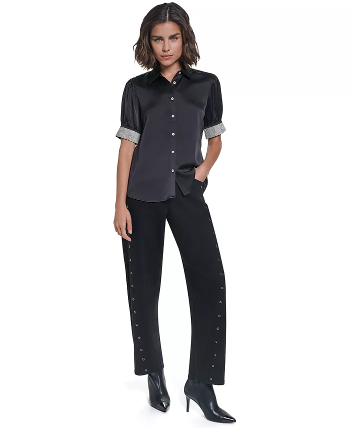 Women's Satin Rhinestone-Cuff Button-Front Top - thumbnail 9