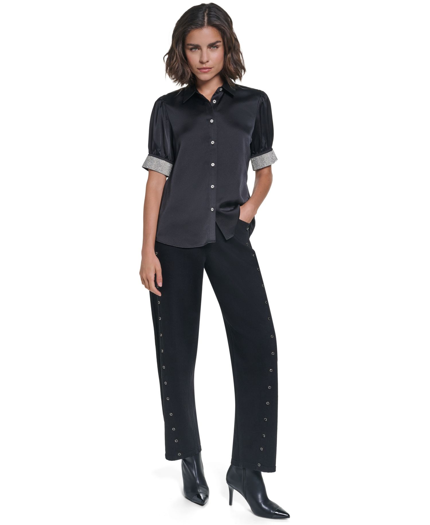 Women's Satin Rhinestone-Cuff Button-Front Top