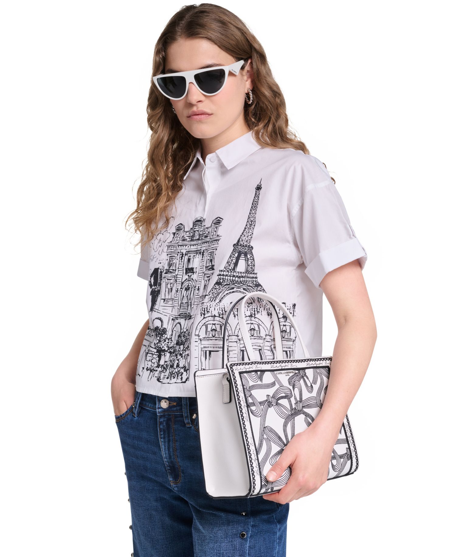 Women's Cotton Crop Paris Scene Button-Front Top