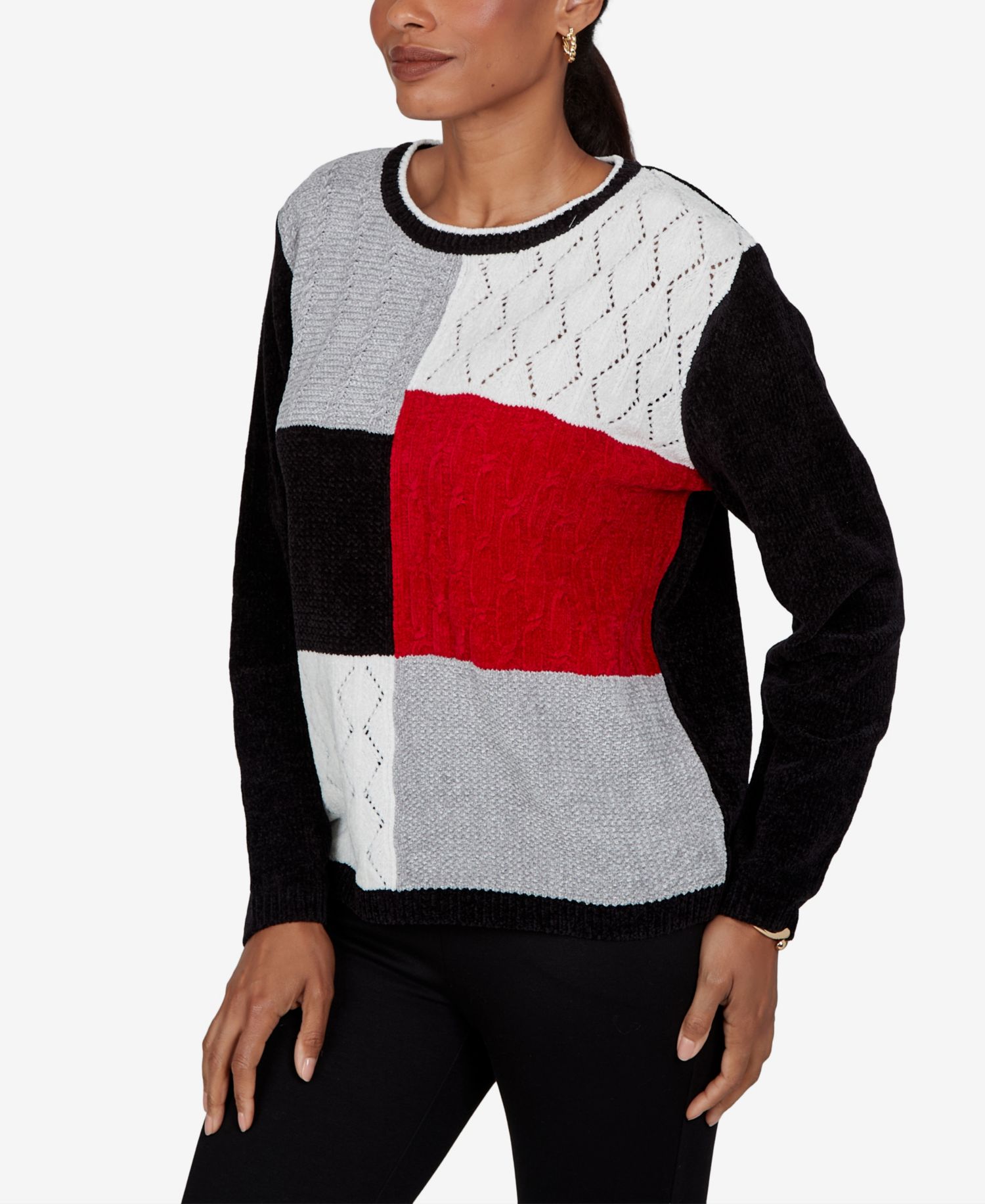 Women's Petite Colorblock Cable-Knit Long-Sleeve Crewneck Pullover