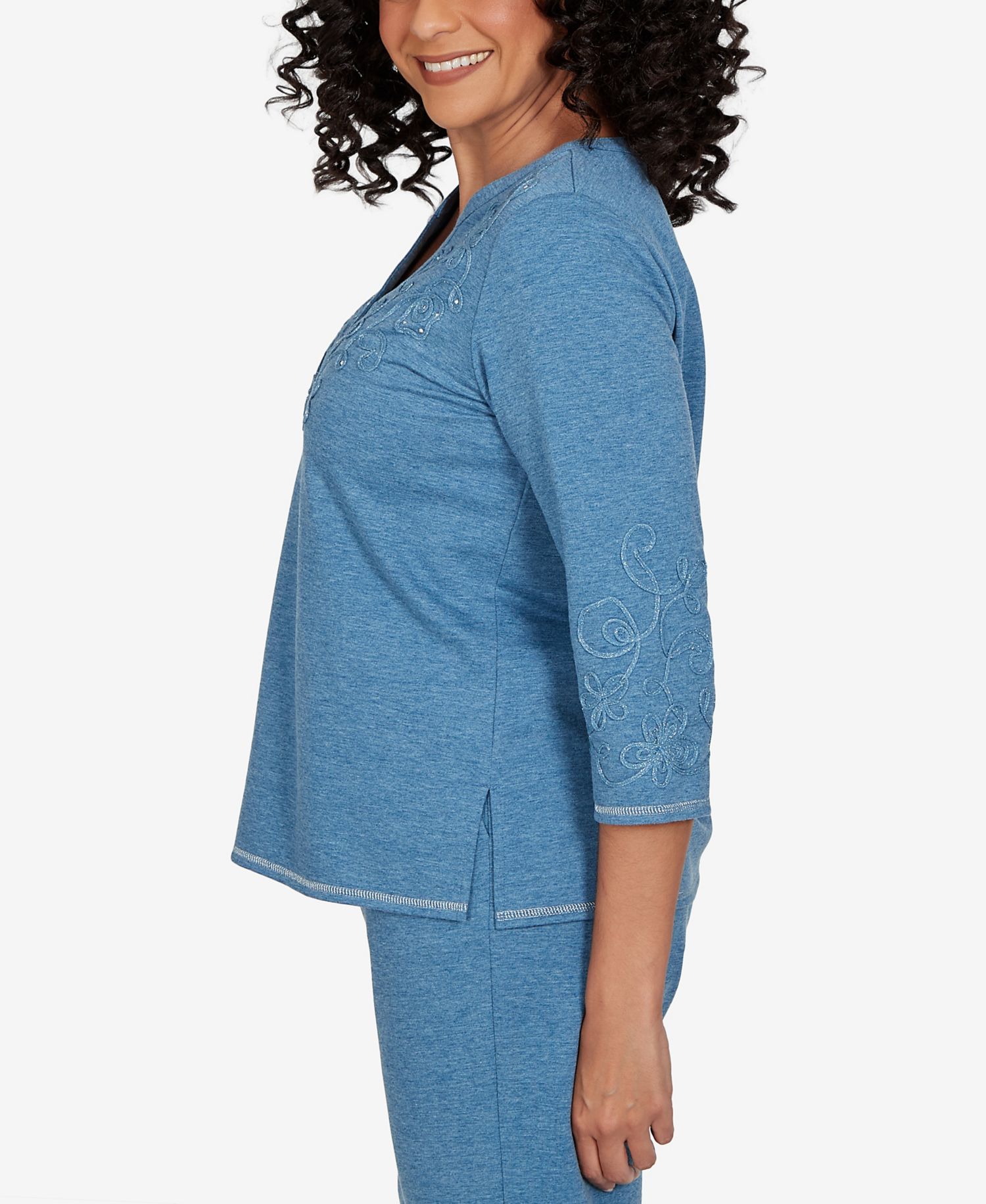 Petite 3/4-Sleeve Side-Slit Henley T-Shirt