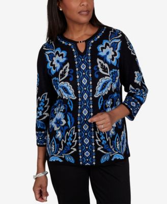 Petite 3/4-Sleeve Floral-Geometric Henley Pullover Sweater