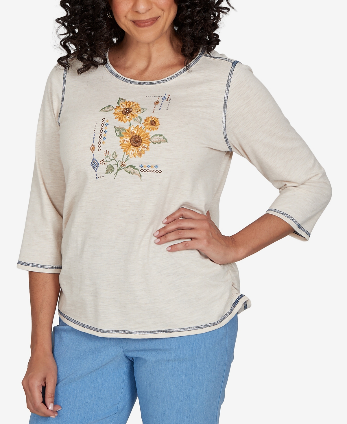 Alfred Dunner Women's Crewneck 3/4-Sleeve Sunflower Embroidery T-Shirt
