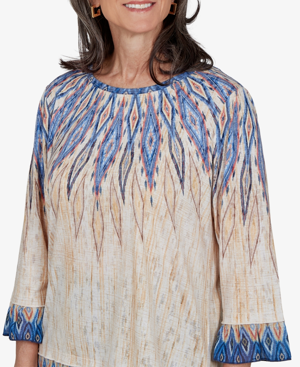 Alfred Dunner Women's Retro-Print Crewneck 3/4-Sleeve Top