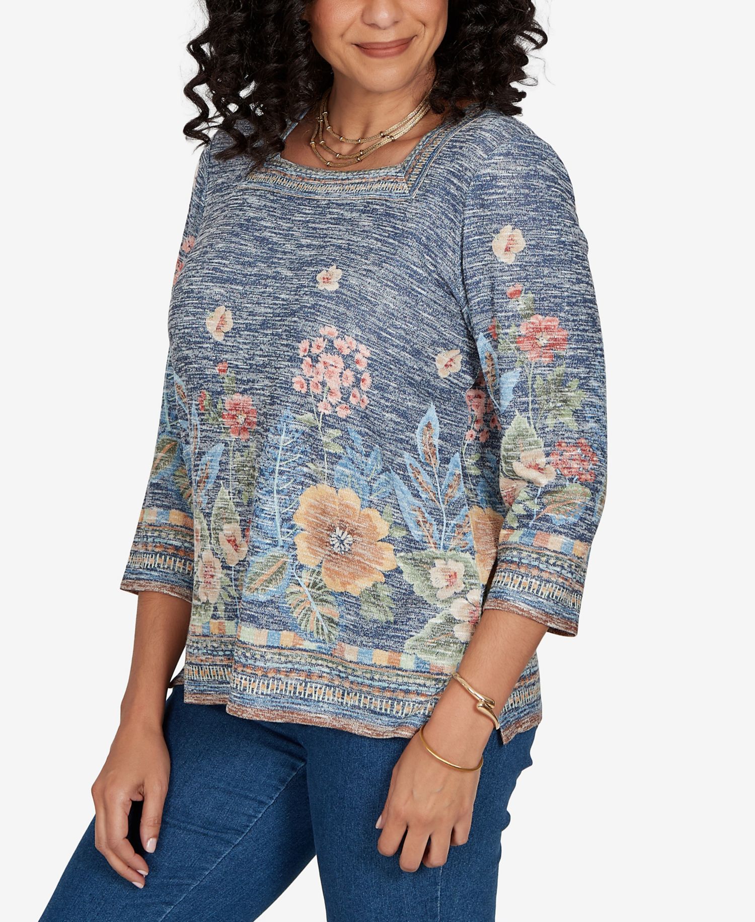 Women's Floral Square Neck 3/4-Sleeve Top