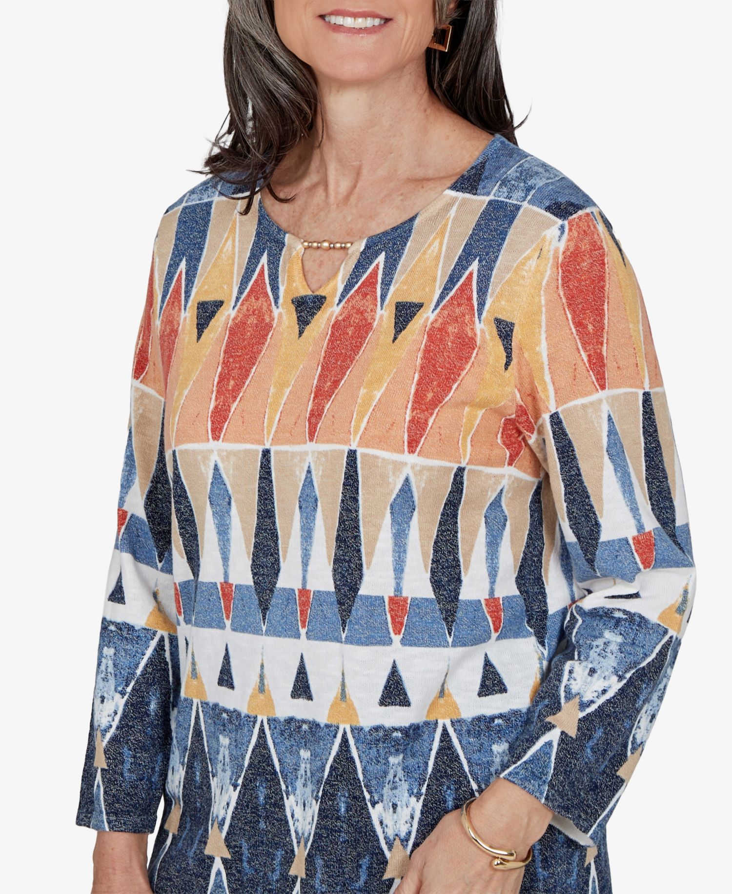 Women's Keyhole 3/4-Sleeve Geometric-Print Cotton-Blend Pullover