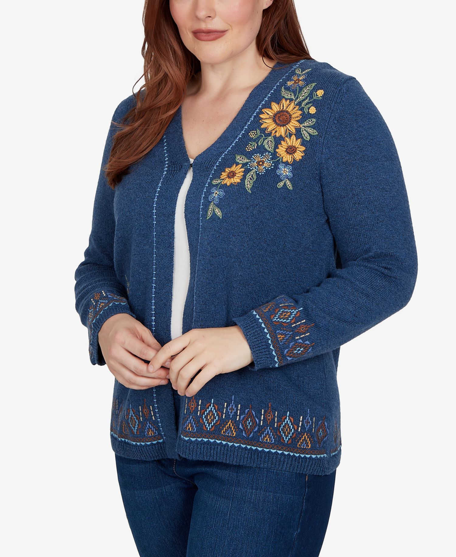 Women's Floral-Embroidery Long-Sleeve V-Neck Cardigan