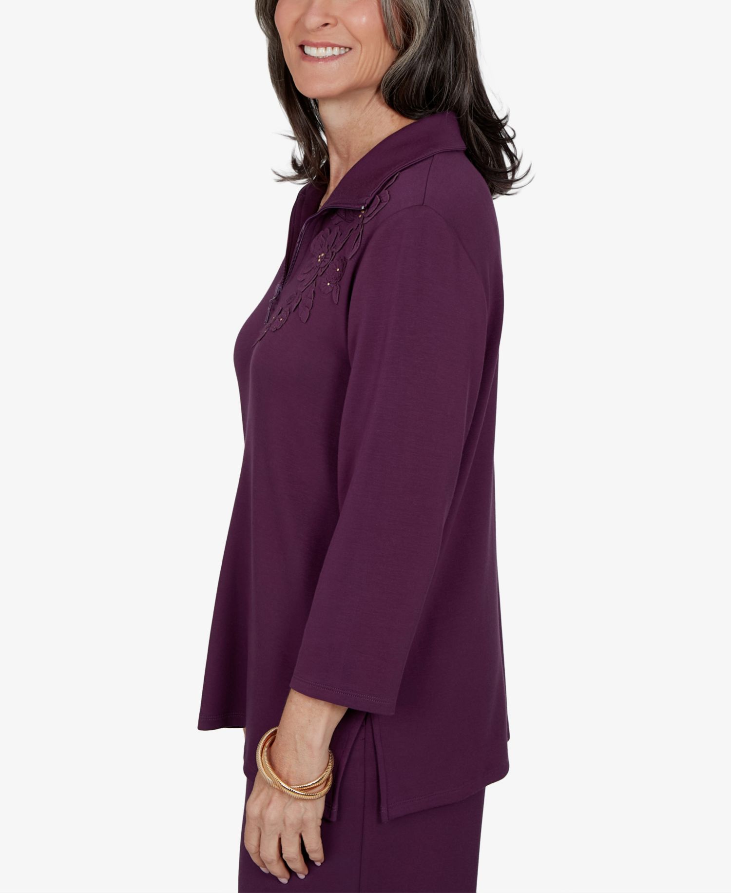 Women's 3/4-Sleeve Collared Floral Applique Knit Top