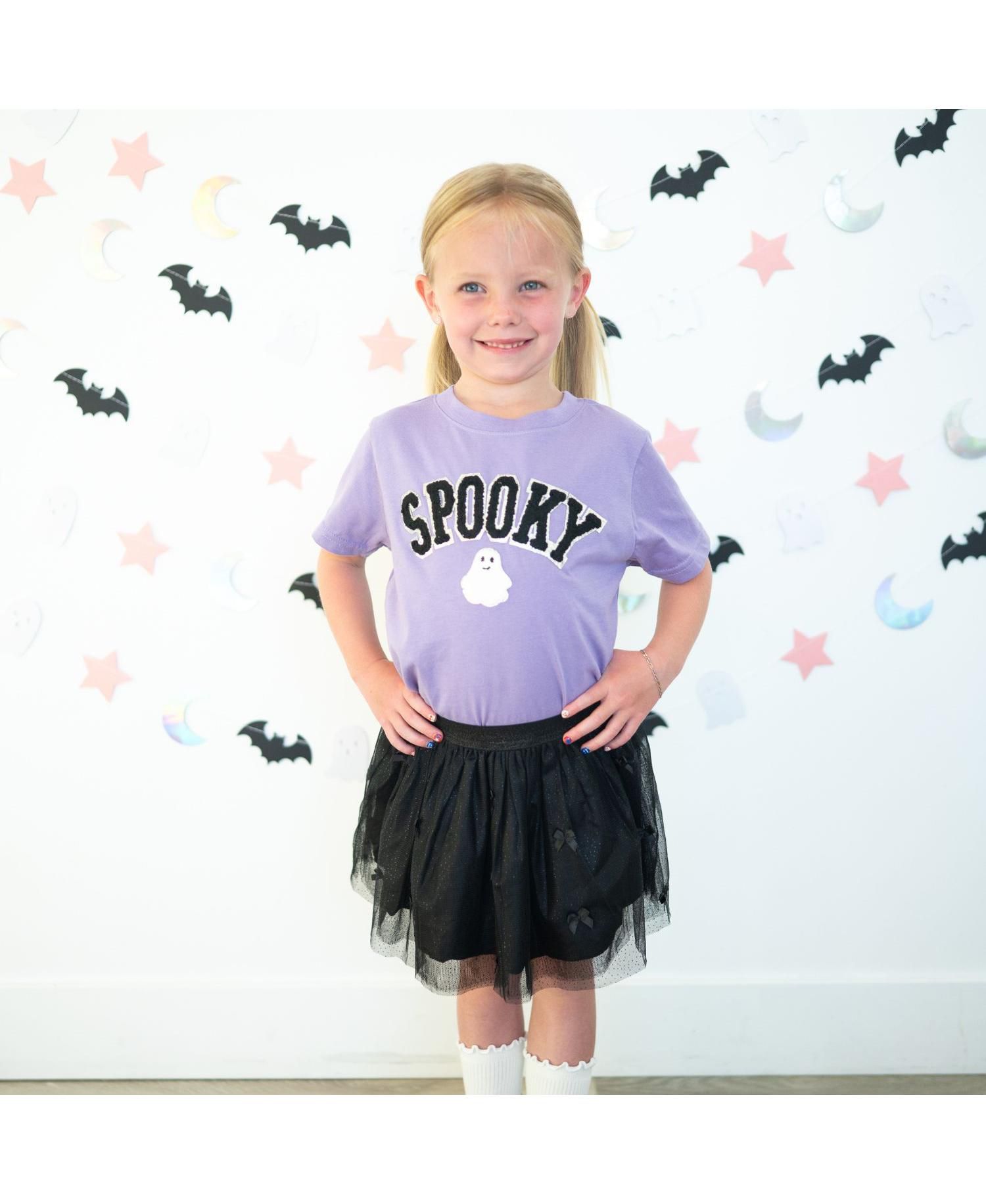 Little Girls Spooky Ghost Patch Halloween Short Sleeve T-Shirt