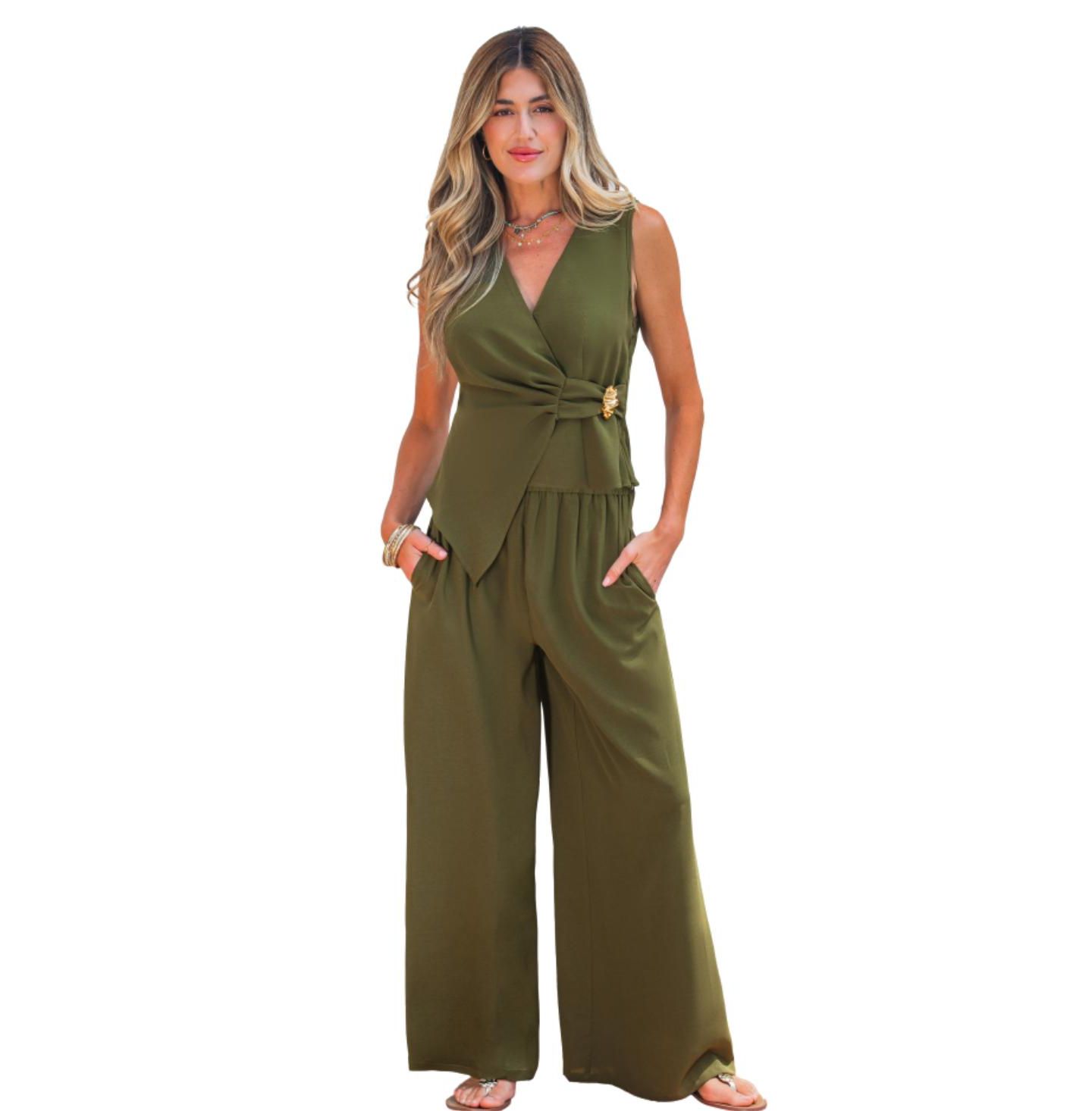 Женский комплект Cupshe Women's Wrap Wide-Leg Top and Pants Set, цвет: Средний зелёный — фото 1