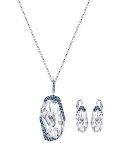 Swarovski Silver-Tone Large Crystal and Blue Pavé Pendant Necklace and Matching Drop Earrings Set