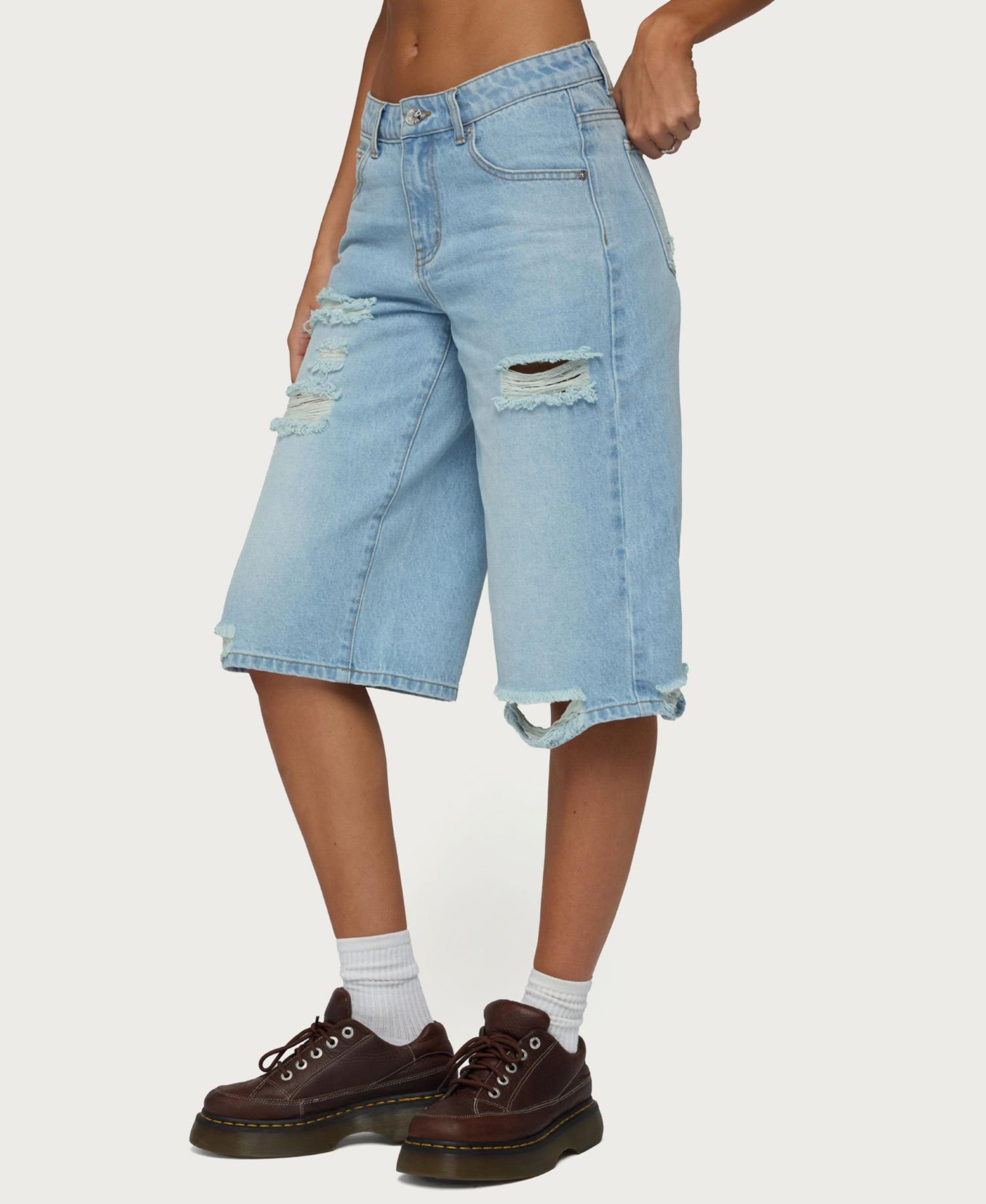 Women's Low-Rise Distressed Denim Bermuda Shorts, 16" Inseam