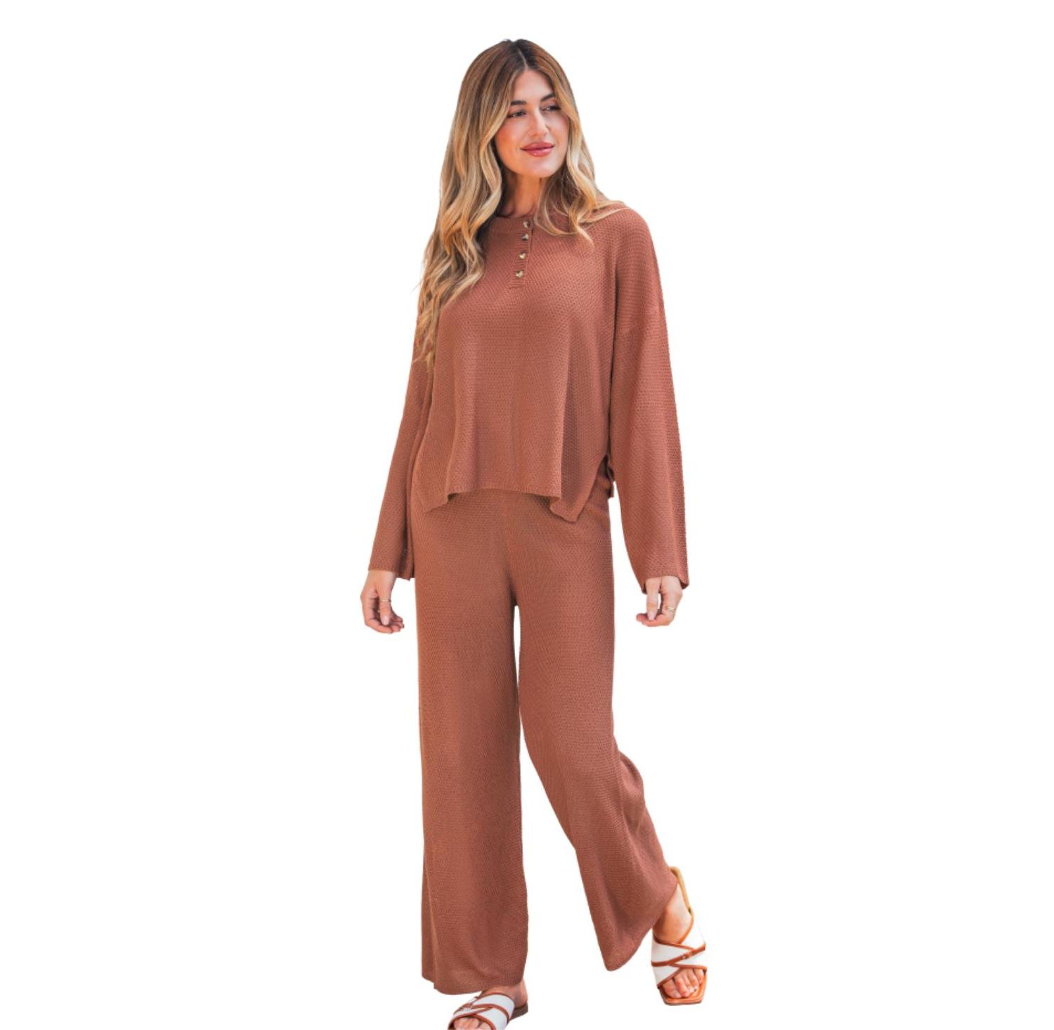 Women's Waffle-Knit Henley Top and Wide-Leg Pants Set