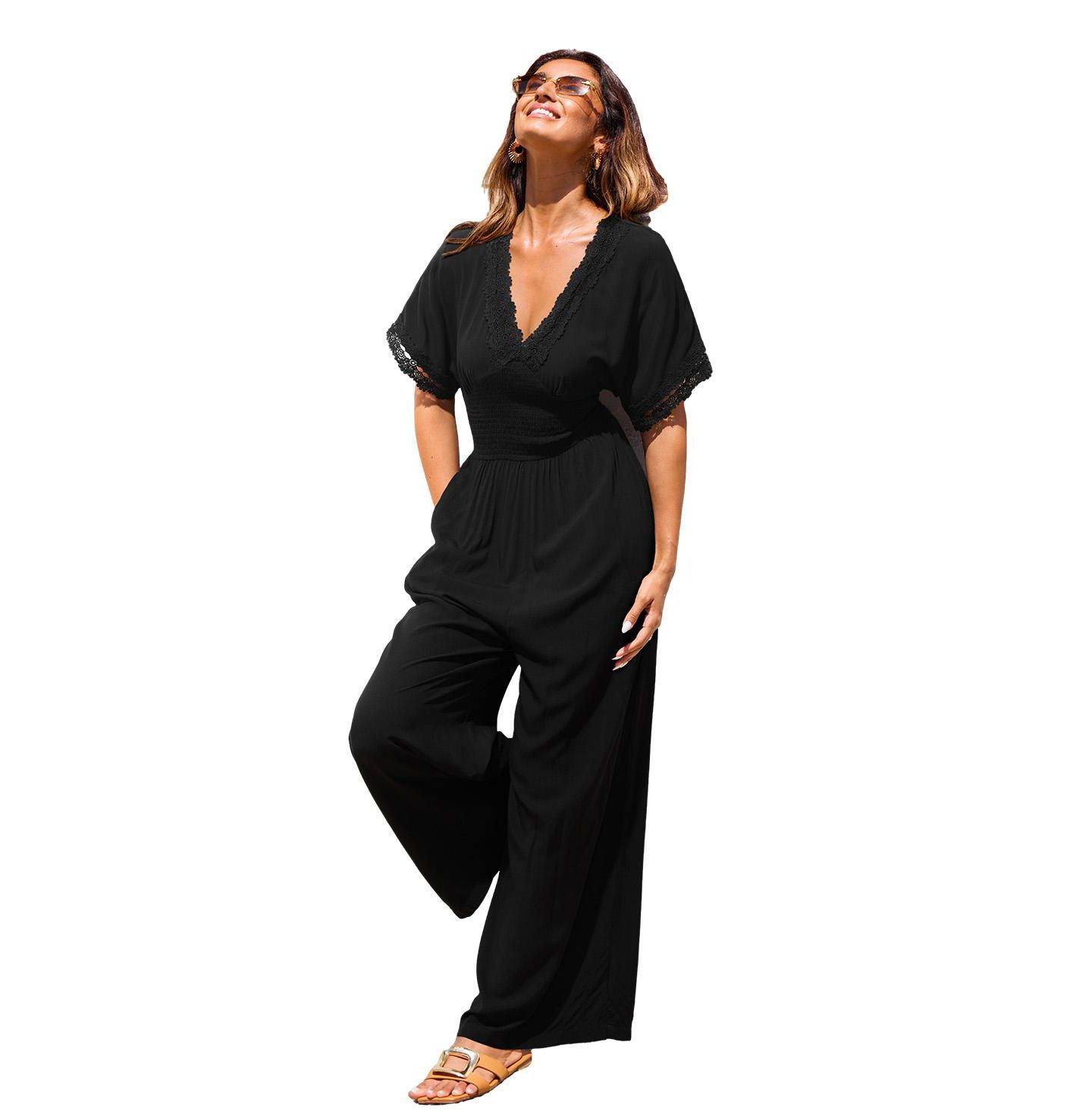 Женский комбинезон Cupshe Brilliant Idea Wide-Leg Short-Sleeve V-Neck Jumpsuit, цвет: Чёрный — фото 3
