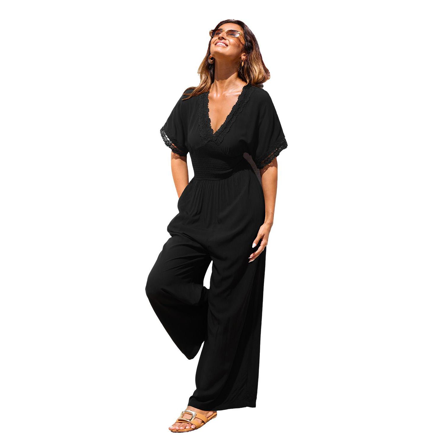 Women's Brilliant Idea Wide-Leg Short-Sleeve V-Neck Jumpsuit