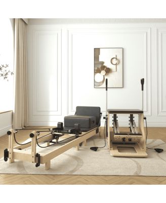 Pilates Reformer Machine, Wood Pilates Machine Bed Yoga Exercise Strength Training Equipment with Pilates Chair for Home Workout