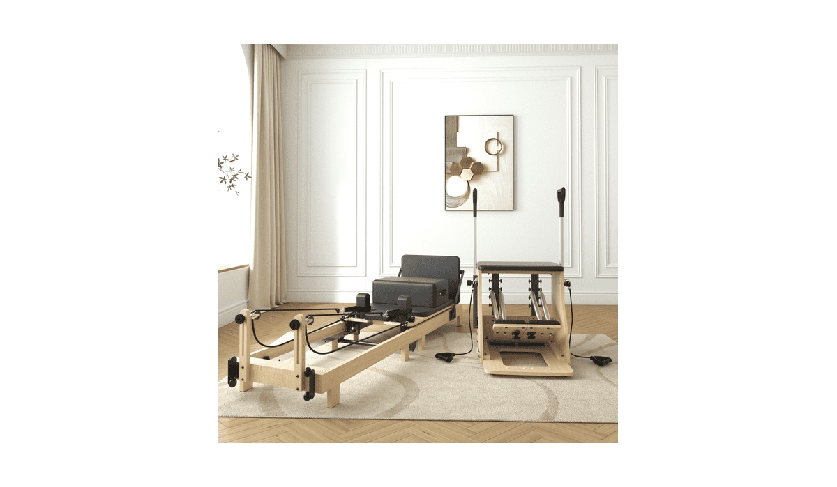 Syedee Pilates Reformer Machine, Wood Pilates Machine Bed Yoga Exercise Strength Training Equipment with Pilates Chair for Home Workout
