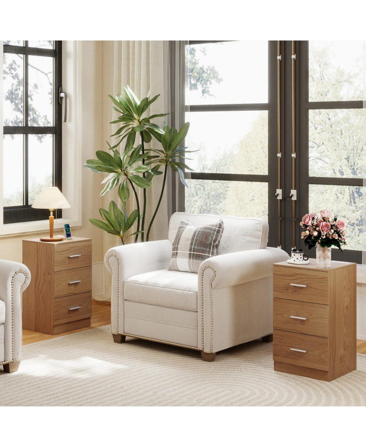 Sugift Compact Bedside Nightstand with Charging Station and 3 Storage Drawers