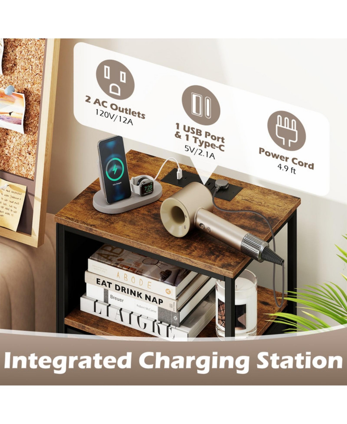 Sugift Tall Nightstand with Integrated Charging Station 39 Inch Bedside Tower Featuring 5 Fabric Drawers