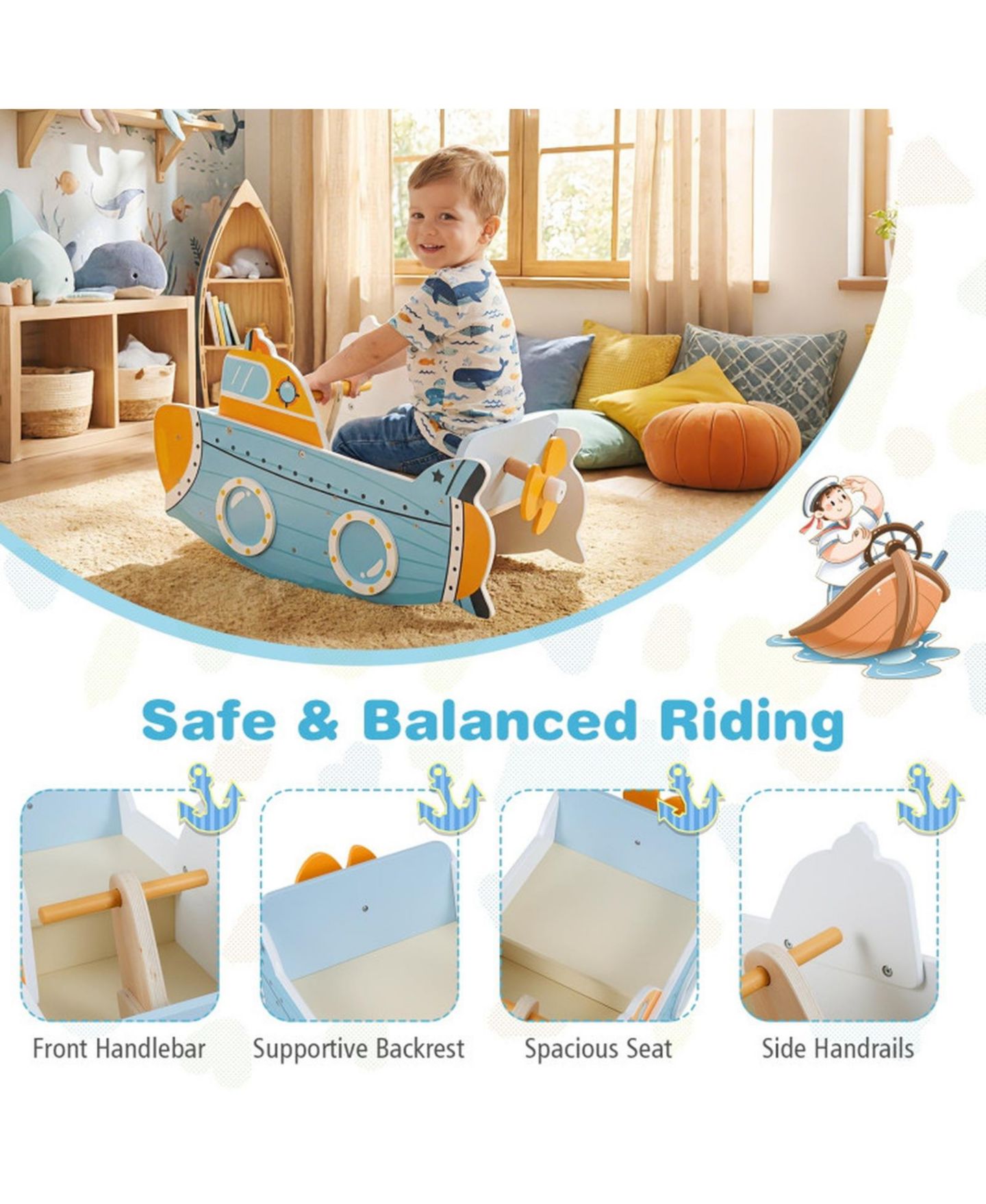 Детская игрушка SUGIFT Wooden Rocking Climber with Rotating Propeller, 45 lb Capacity, Ages 1+, цвет: Синий — фото 4