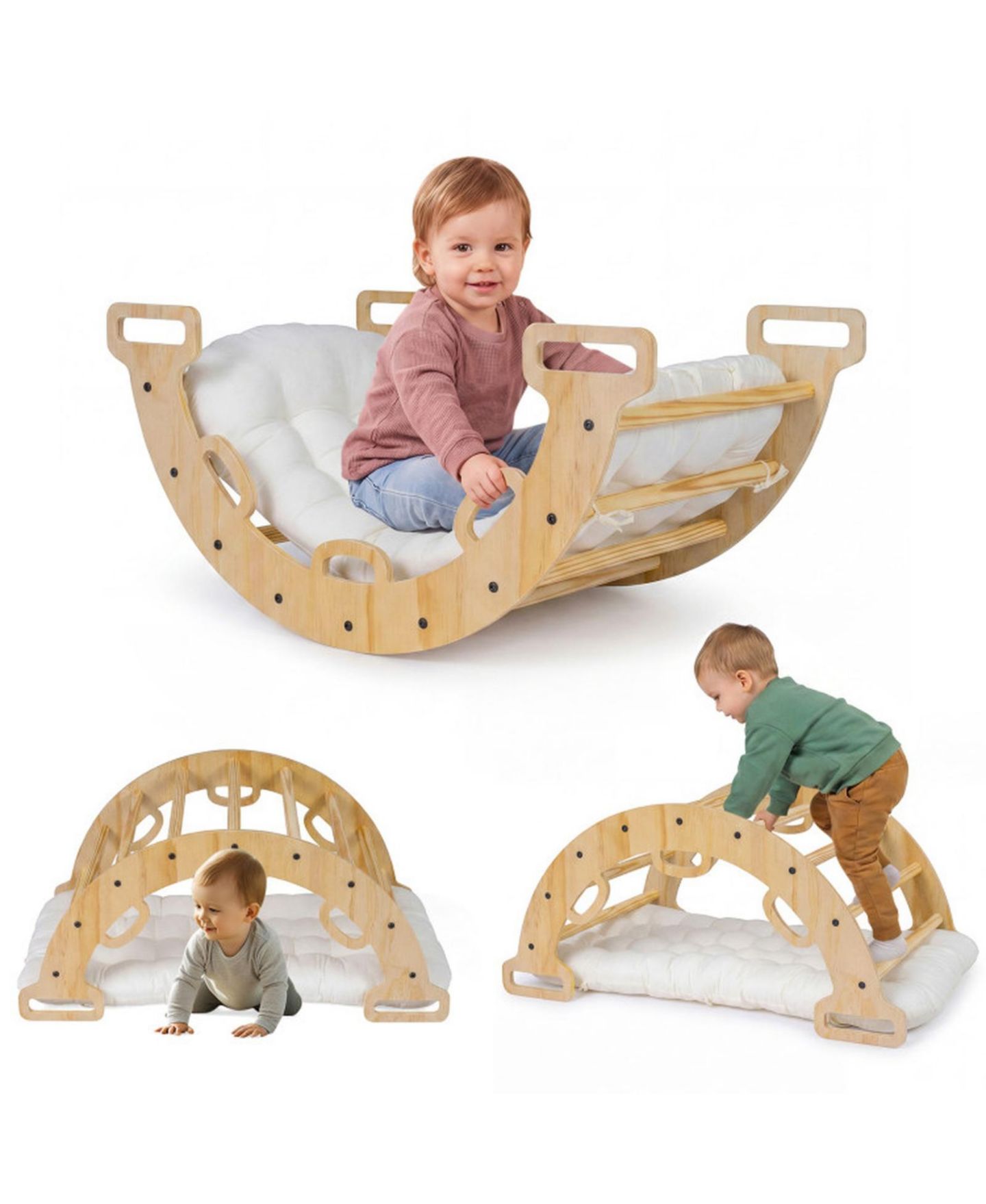 Детская игрушка SUGIFT 3-in-1 Wooden Rocking Climbing Arch with Removable Cushion, 32" x 19" x 15", 110 Lbs, Ages 1+, цвет: Натуральный — фото 11