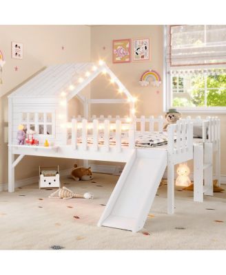 Loft Bed with Slide, Playhouse, LED Lights