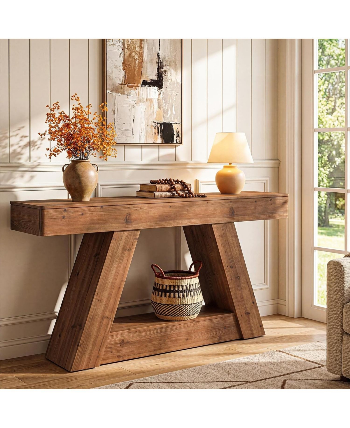 Tribesigns 63" Rustic Solid Wood Console Table With Angled Legs and Lower Shelf, Farmhouse Entryway Table