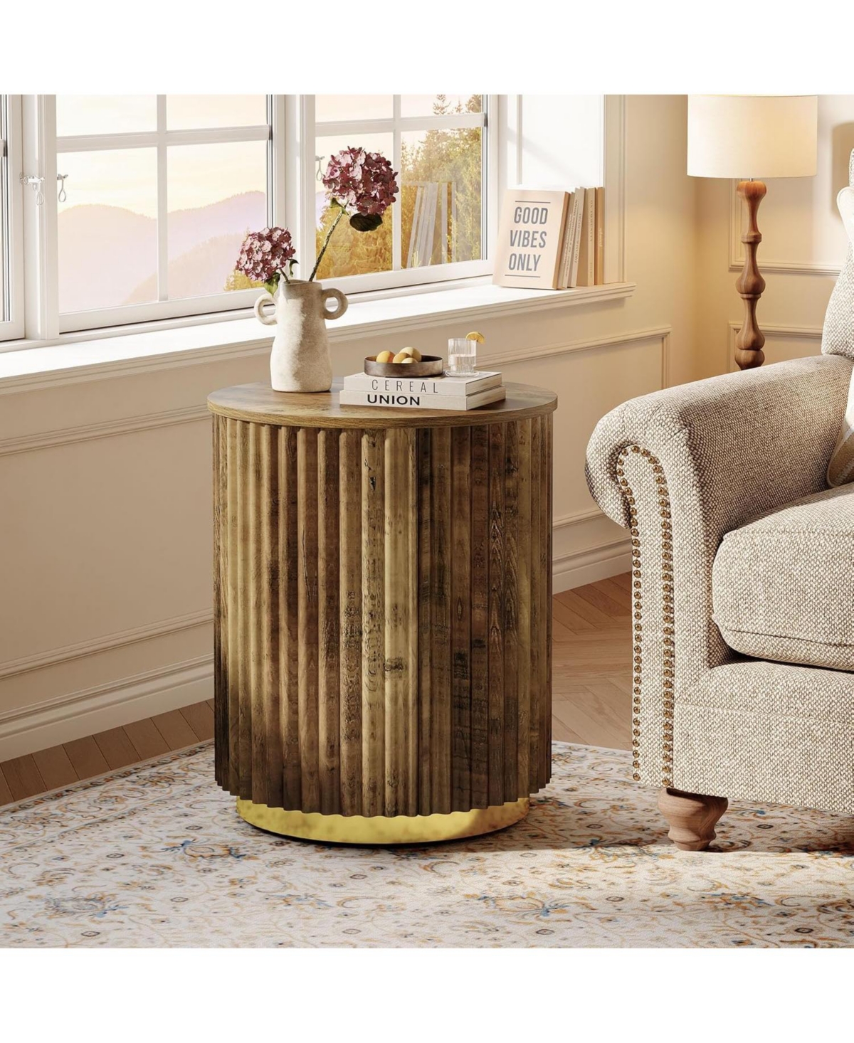 Tribesigns Fluted Round Side Table, Small Bedside Table for Sofa, for Small Spaces, Living Room, Bedroom