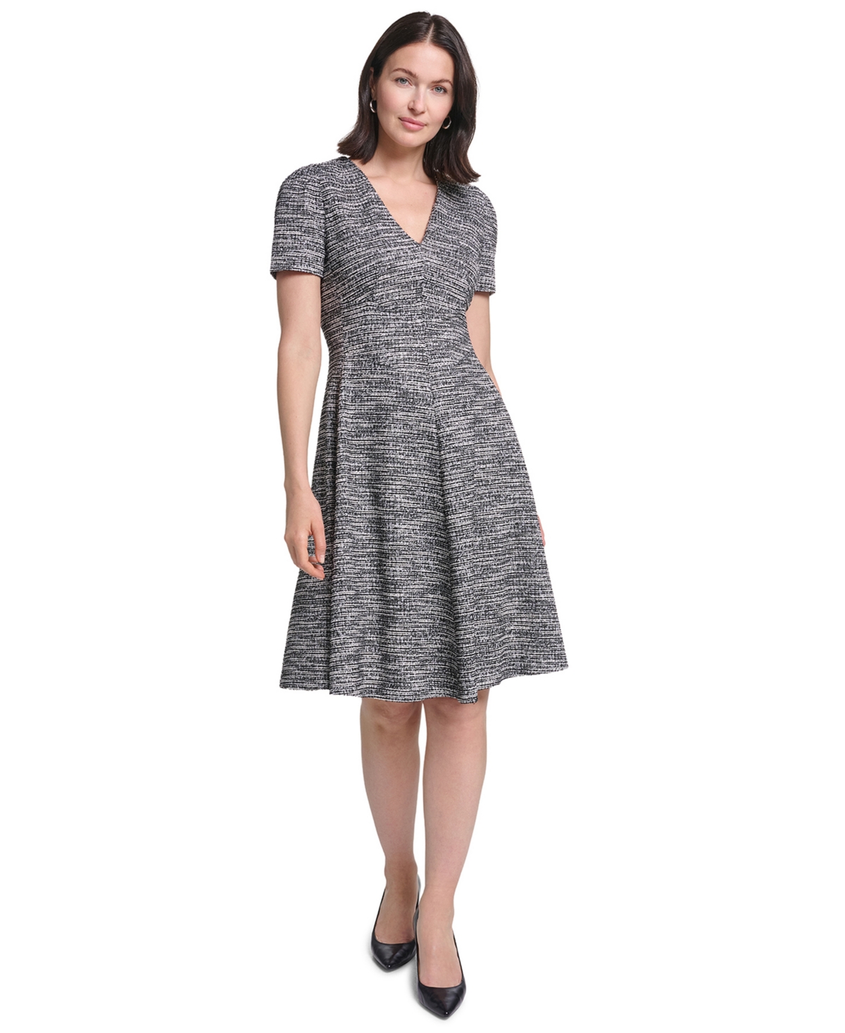 Calvin Klein Women's V-Neck Short-Sleeve A-Line Midi Dress - Black/Cream