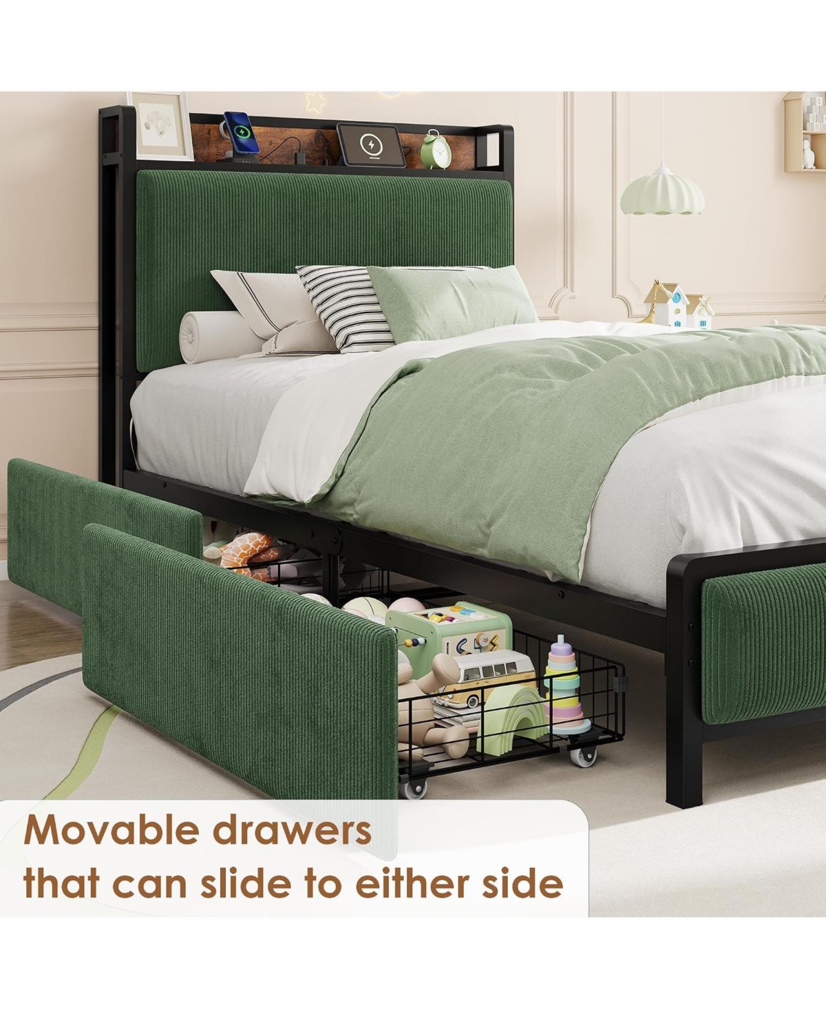 gaomon Twin-xl Size Bed Frame with 2 Drawers and Charging Station-Upholstered Headboard Bed with Led Lights, Under Bed Storage