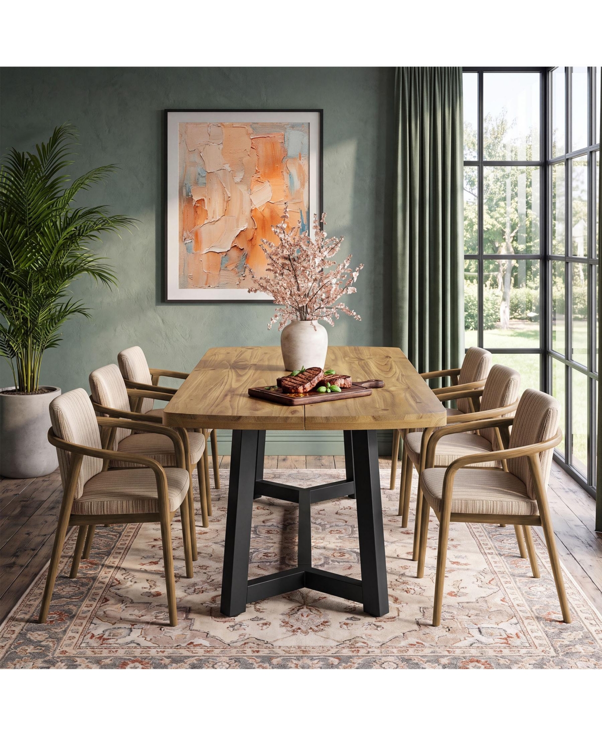 Tribesigns 63" Farmhouse Pine Solid Wood Dining Table with Metal Frame