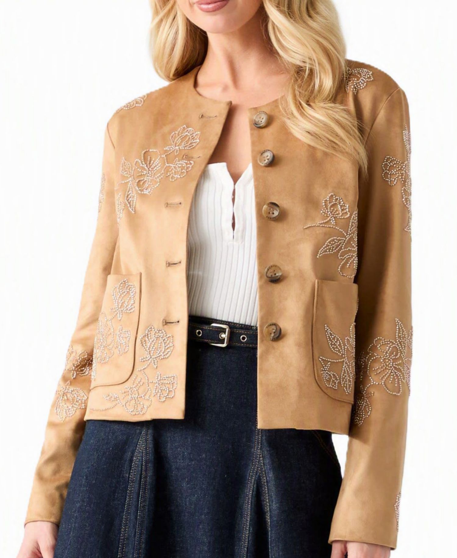 Women's Oceane Faux-Suede Floral-Embroidered Jacket