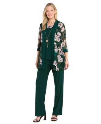 Women's Floral-Print Mesh Wide-Leg Jacket, Cami and Pants Set