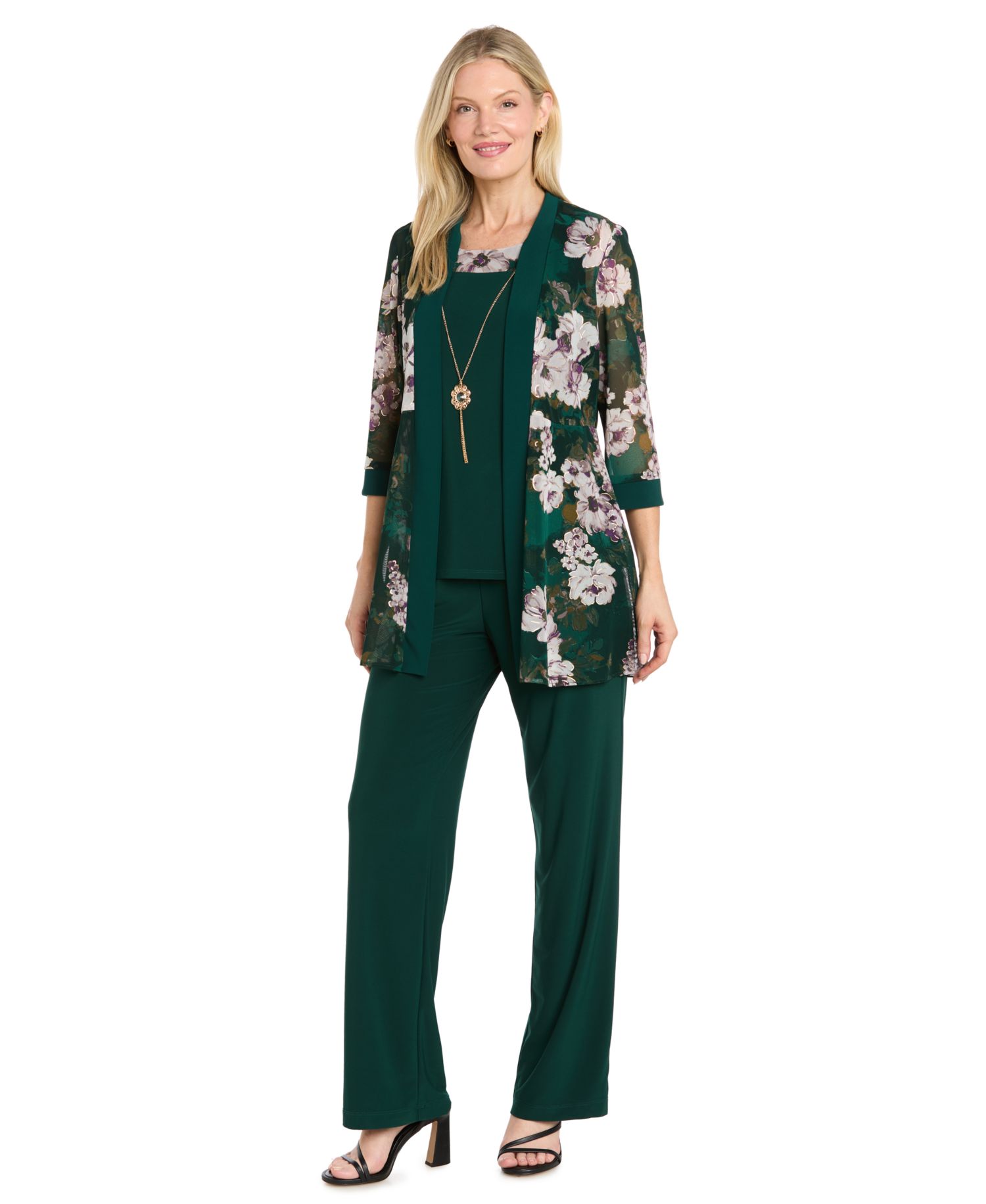 Women's Floral-Print Mesh Wide-Leg Jacket, Cami and Pants Set