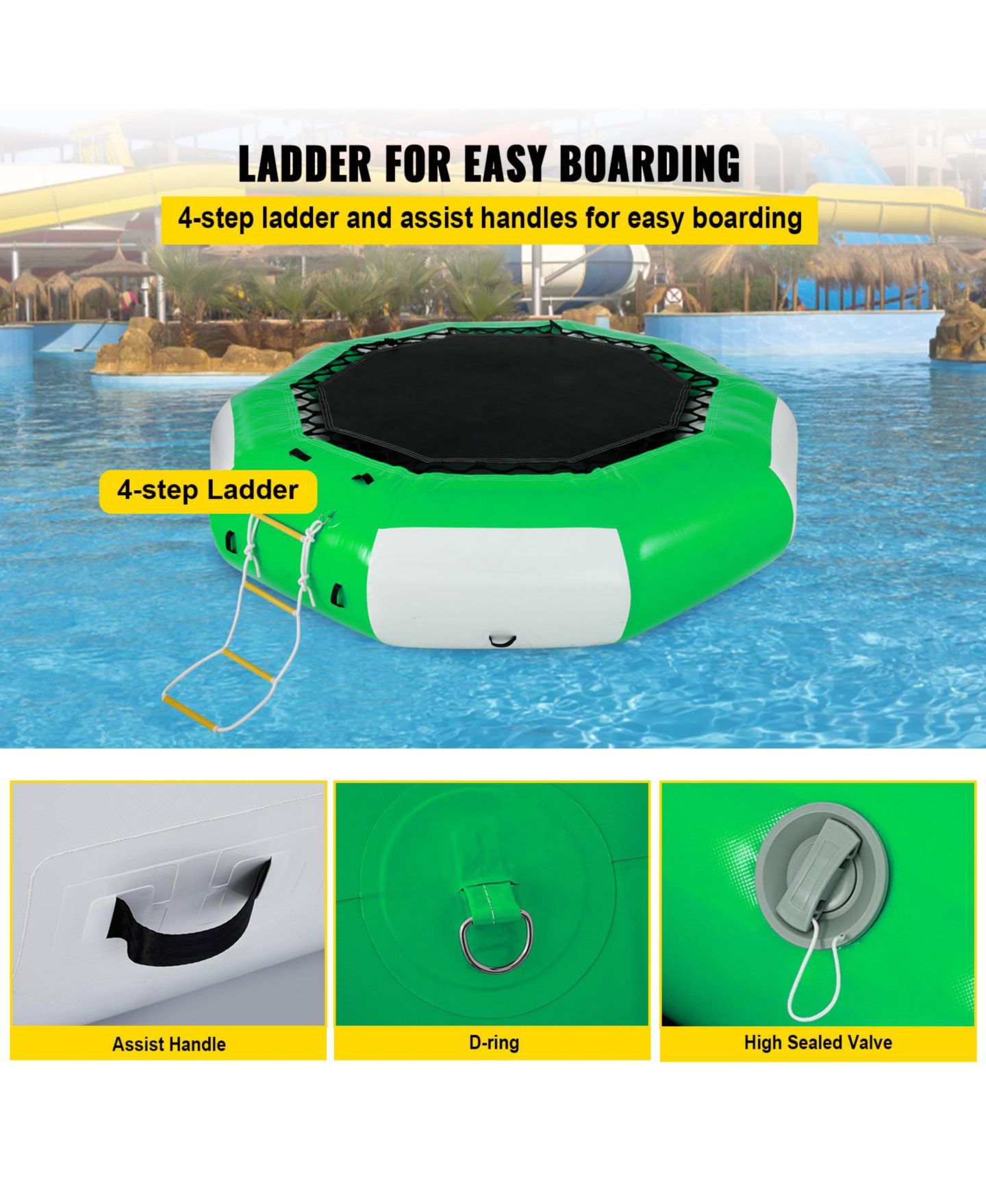 Детская игрушка SEVORLEY 10-Foot Inflatable Water Trampoline with Ladder, 880 Pounds, Ages 6+, цвет: Зелёный / Белый — фото 7