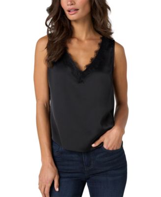 Petite V-Neck Lace-Trimmed Matte Satin Tank Top