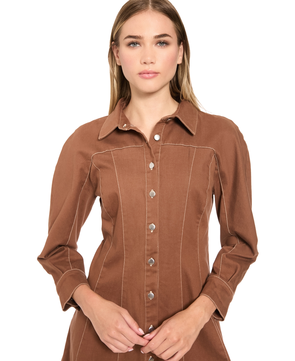 Donna Morgan Women's Long-Sleeve Mini Denim Shirt Dress