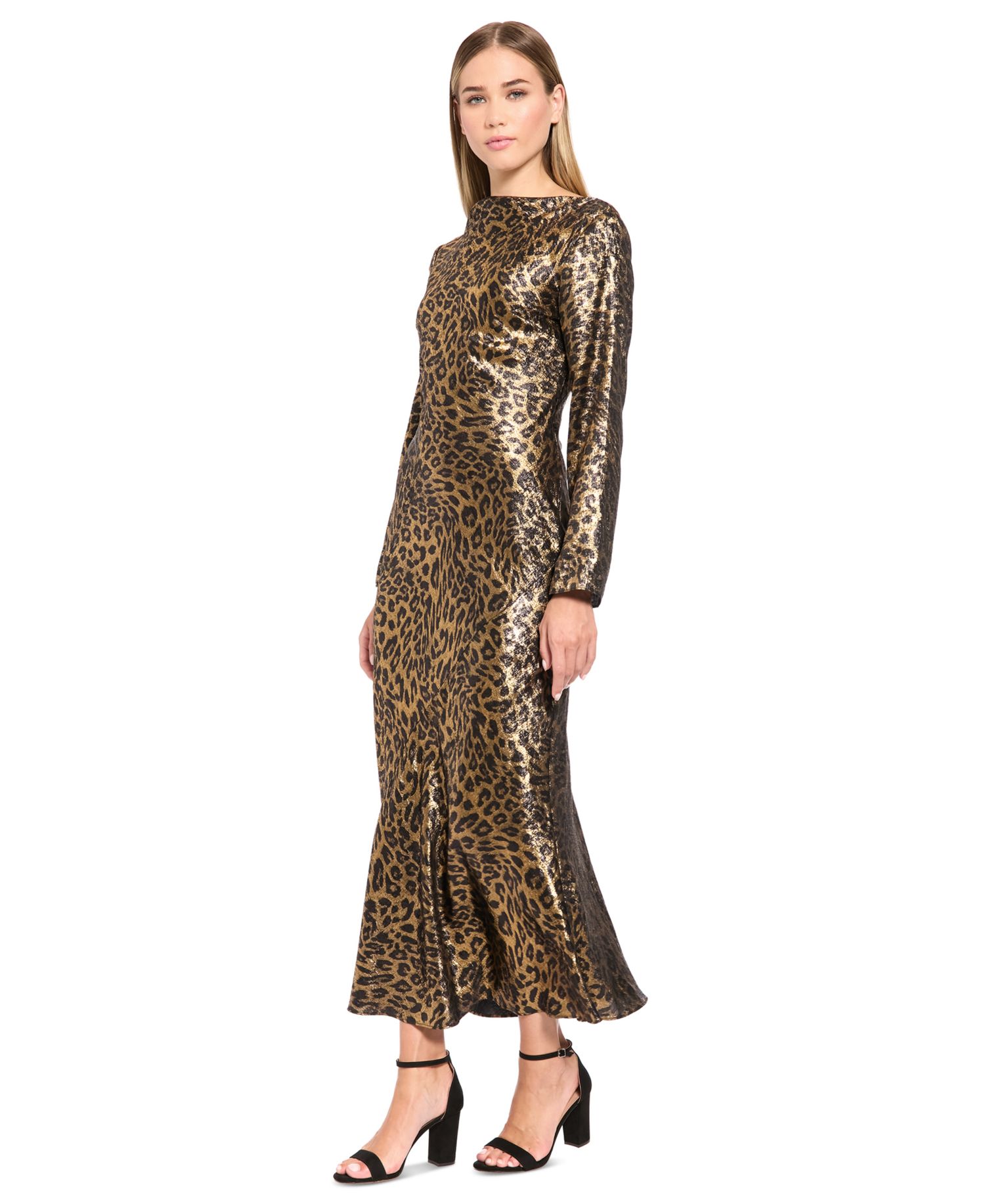 Women's Animal-Print Long-Sleeve Boat-Neck Midi Dress