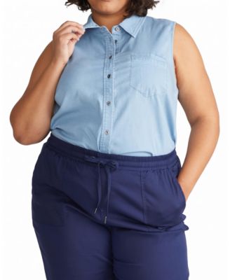 Plus Size Chambray Sleeveless Button-Front Shirt