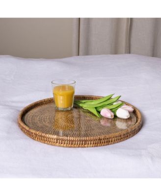 Artifacts Trading Company - Round Flat Tray with Glass Insert Dark Brown
