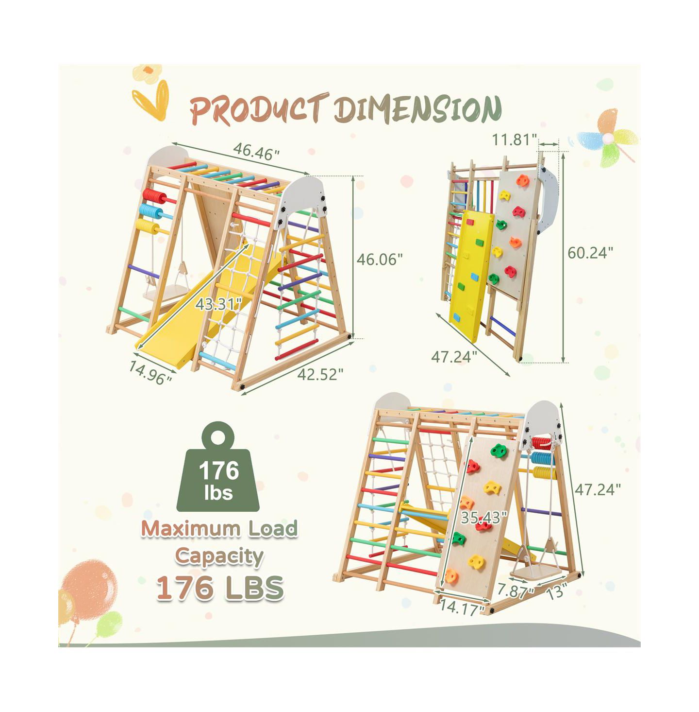 Детская игрушка YOBTOP 9-in-1 Foldable Wooden Climbing Frame with Slide, 176 lbs Capacity, Ages 3+, цвет: Натуральный — фото 3