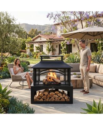 2-in-1 Outdoor Fire Pit Table with Hidden Log Storage, Steel Patio Heater for Backyard Porch