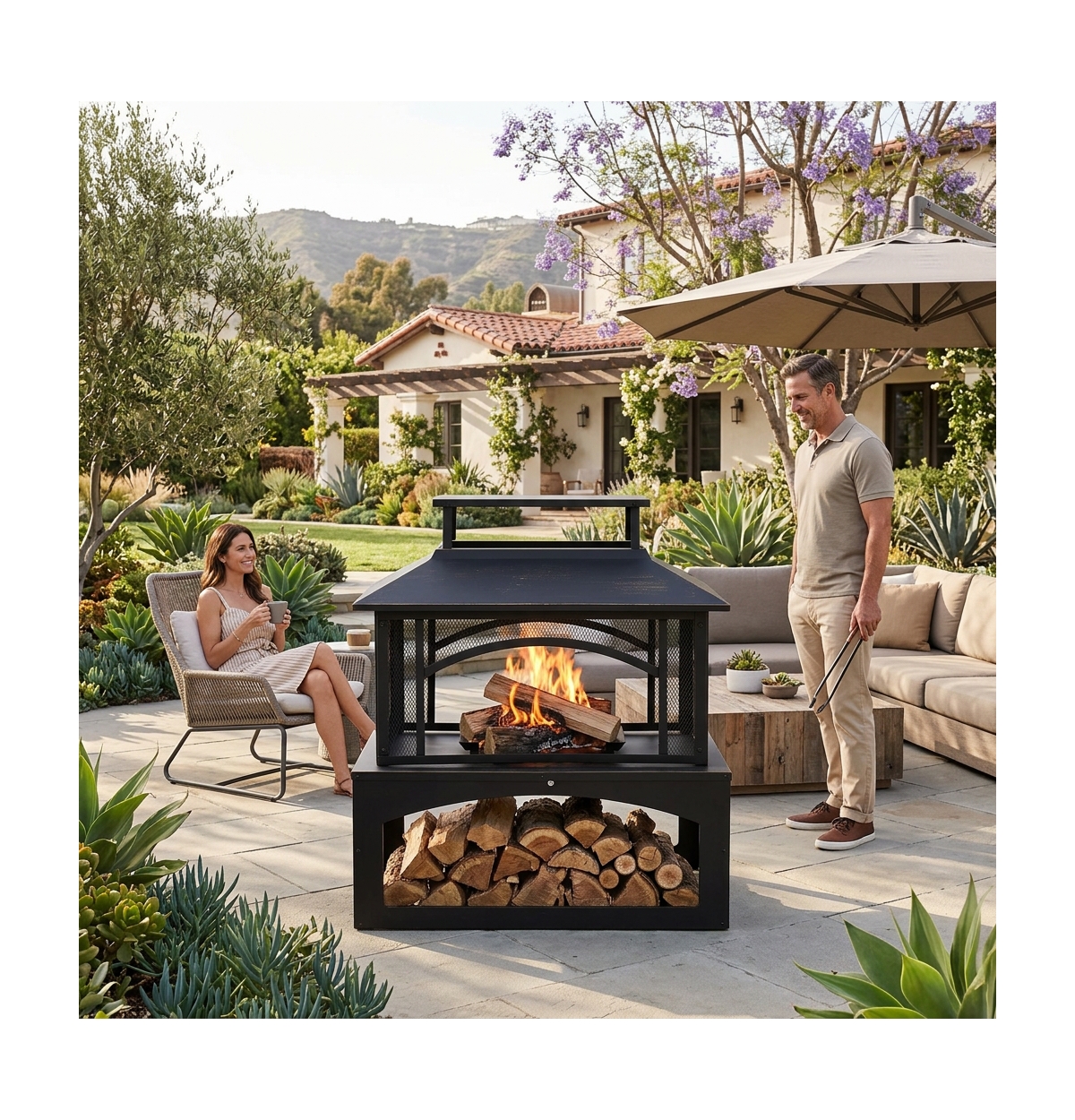 Aoxun 2-in-1 Outdoor Fire Pit Table with Hidden Log Storage, Steel Patio Heater for Backyard Porch