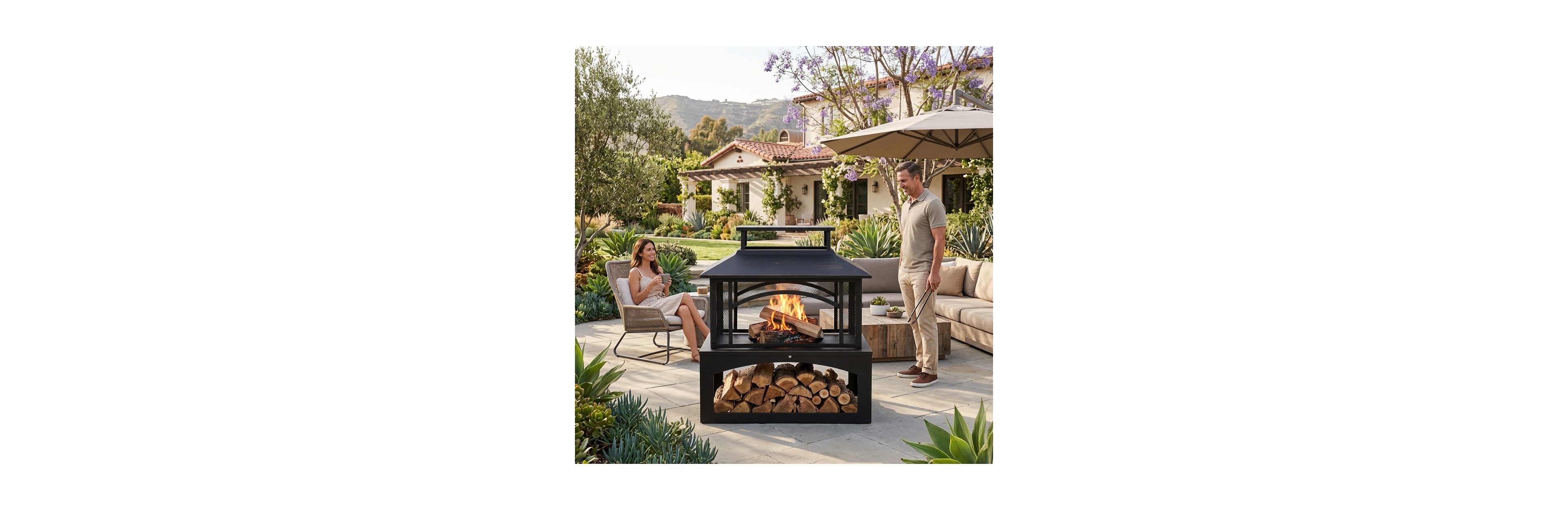 Aoxun 2-in-1 Outdoor Fire Pit Table with Hidden Log Storage, Steel Patio Heater for Backyard Porch