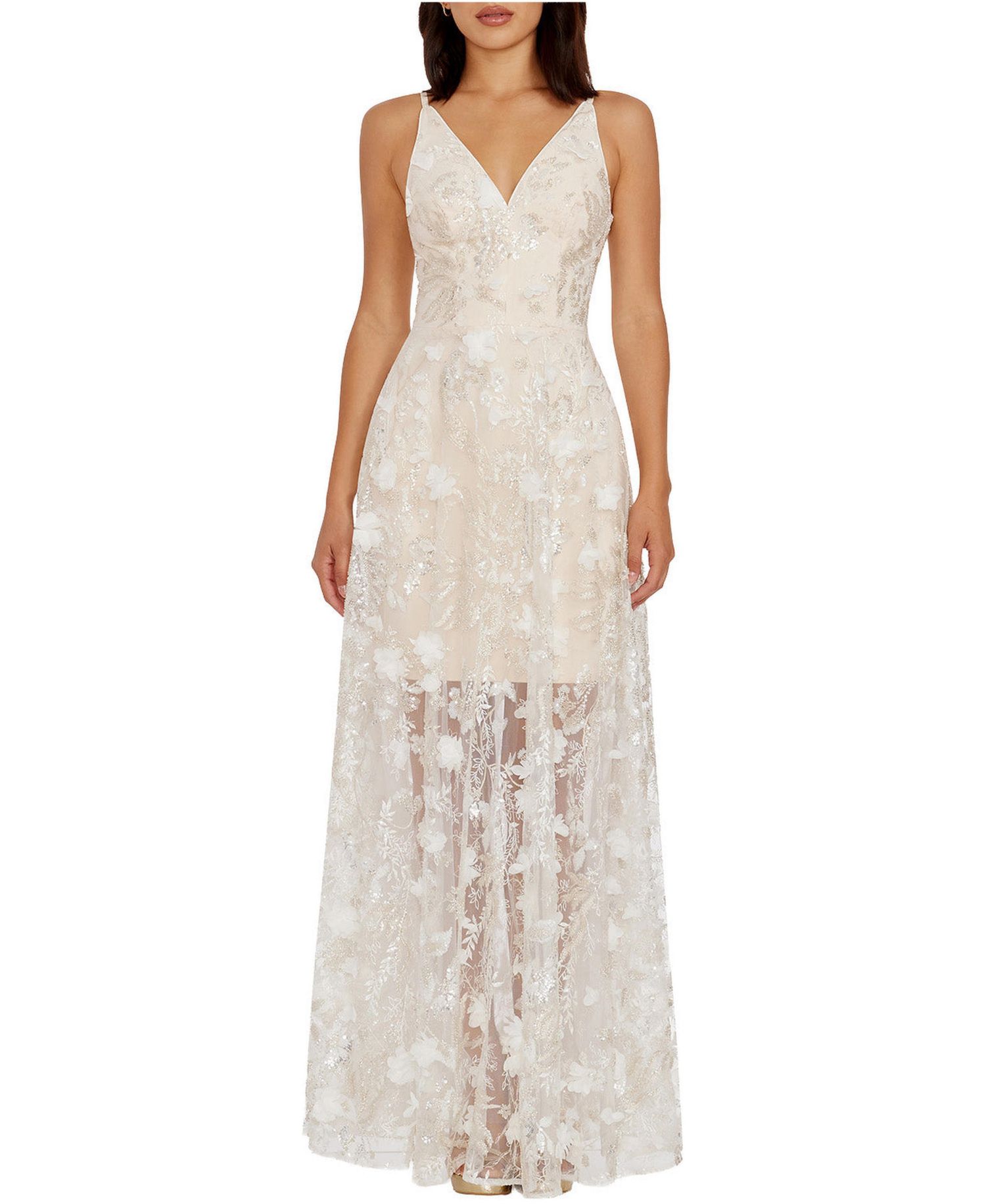Women's Sidney 3D Floral Embroidery and Sequin V-Neck Floor-Length Gown