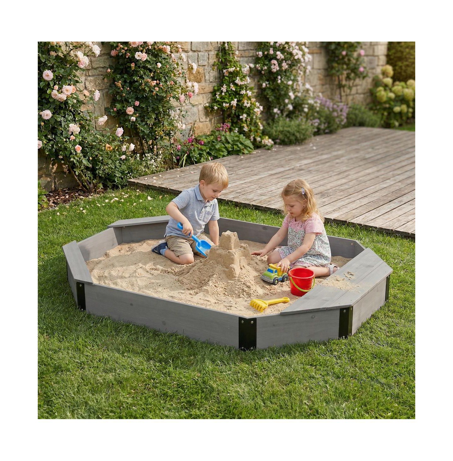 Детская игрушка YOBTOP Octagon Solid Wood Sandbox with Bench Seats and Storage, Includes Cover and Liner, Ages 3-8, цвет: Серый — фото 4