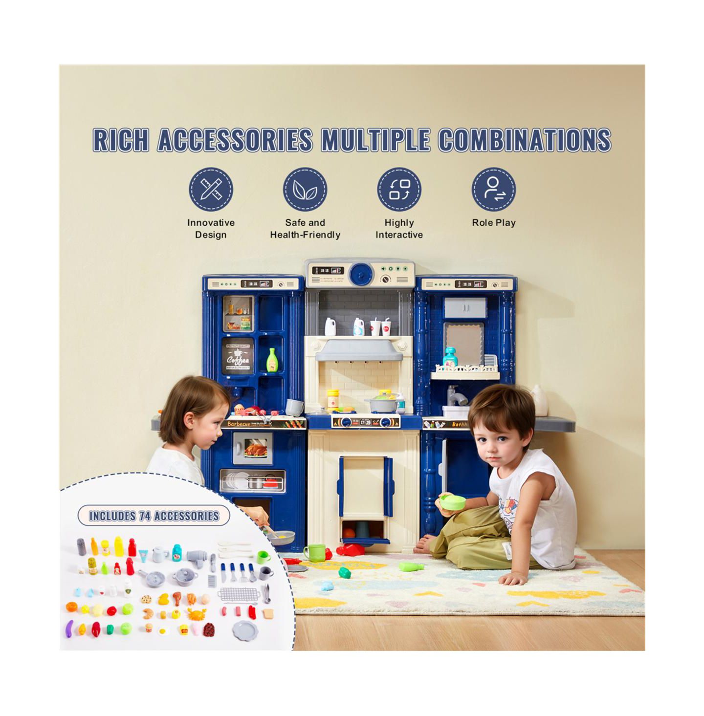 Детский игровой набор YOBTOP 3-in-1 Kids Kitchen Playset with 74 Accessories, Ages 3+, цвет: Синий — фото 2