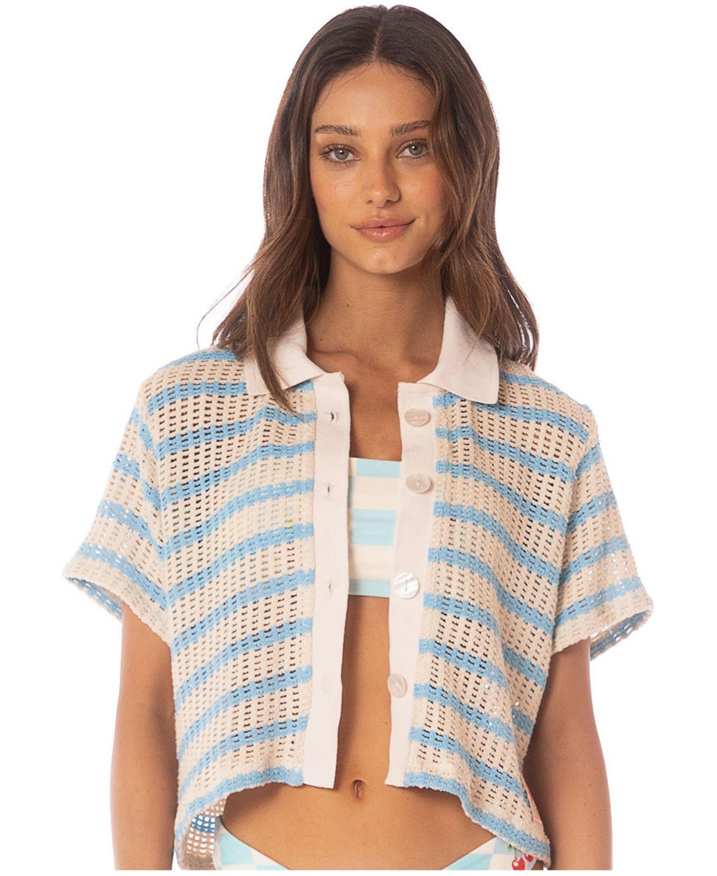 Женская рубашка Maaji Icy Stripes Wavy Collared Crop, цвет: Бирюзовый / Аквамариновый — фото 3
